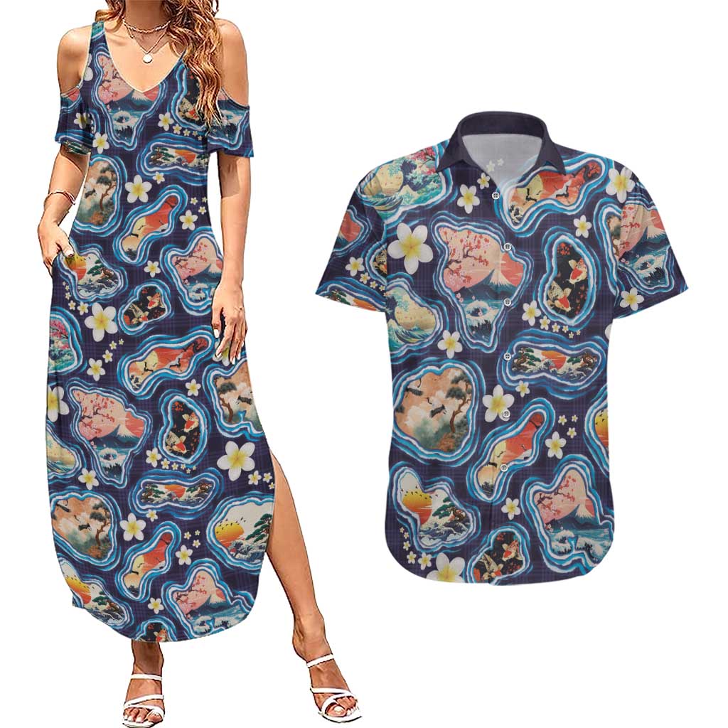 Hawaii Islands Map Design with Japanese Landscape Couples Matching Summer Maxi Dress and Hawaiian Shirt Hawaiian Japan Fusion Art Navy Color