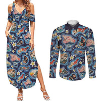 Hawaii Islands Map Design with Japanese Landscape Couples Matching Summer Maxi Dress and Long Sleeve Button Shirt Hawaiian Japan Fusion Art Navy Color
