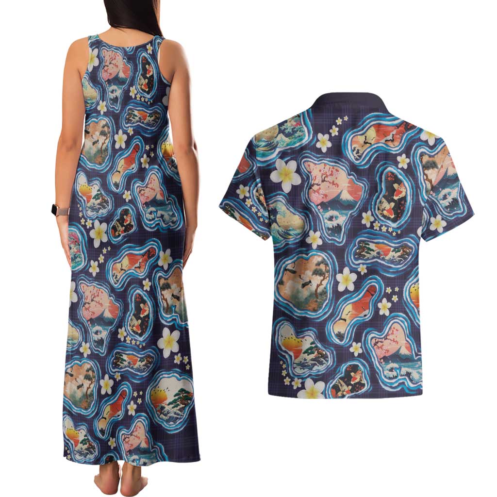 Hawaii Islands Map Design with Japanese Landscape Couples Matching Tank Maxi Dress and Hawaiian Shirt Hawaiian Japan Fusion Art Navy Color
