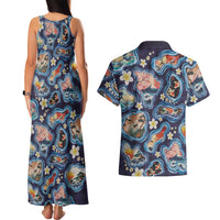 Hawaii Islands Map Design with Japanese Landscape Couples Matching Tank Maxi Dress and Hawaiian Shirt Hawaiian Japan Fusion Art Navy Color