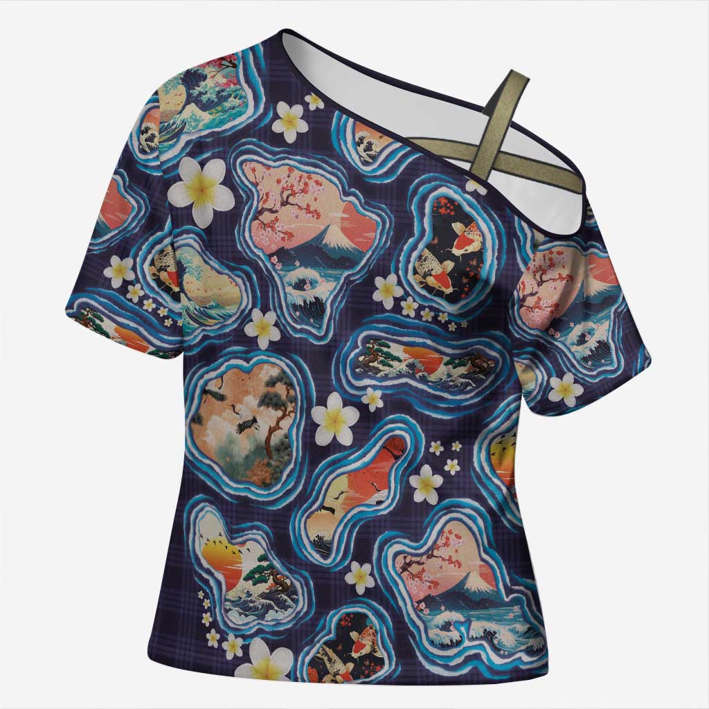 Hawaii Islands Map Design with Japanese Landscape Cross Shoulder Shirt Hawaiian Japan Fusion Art Navy Color