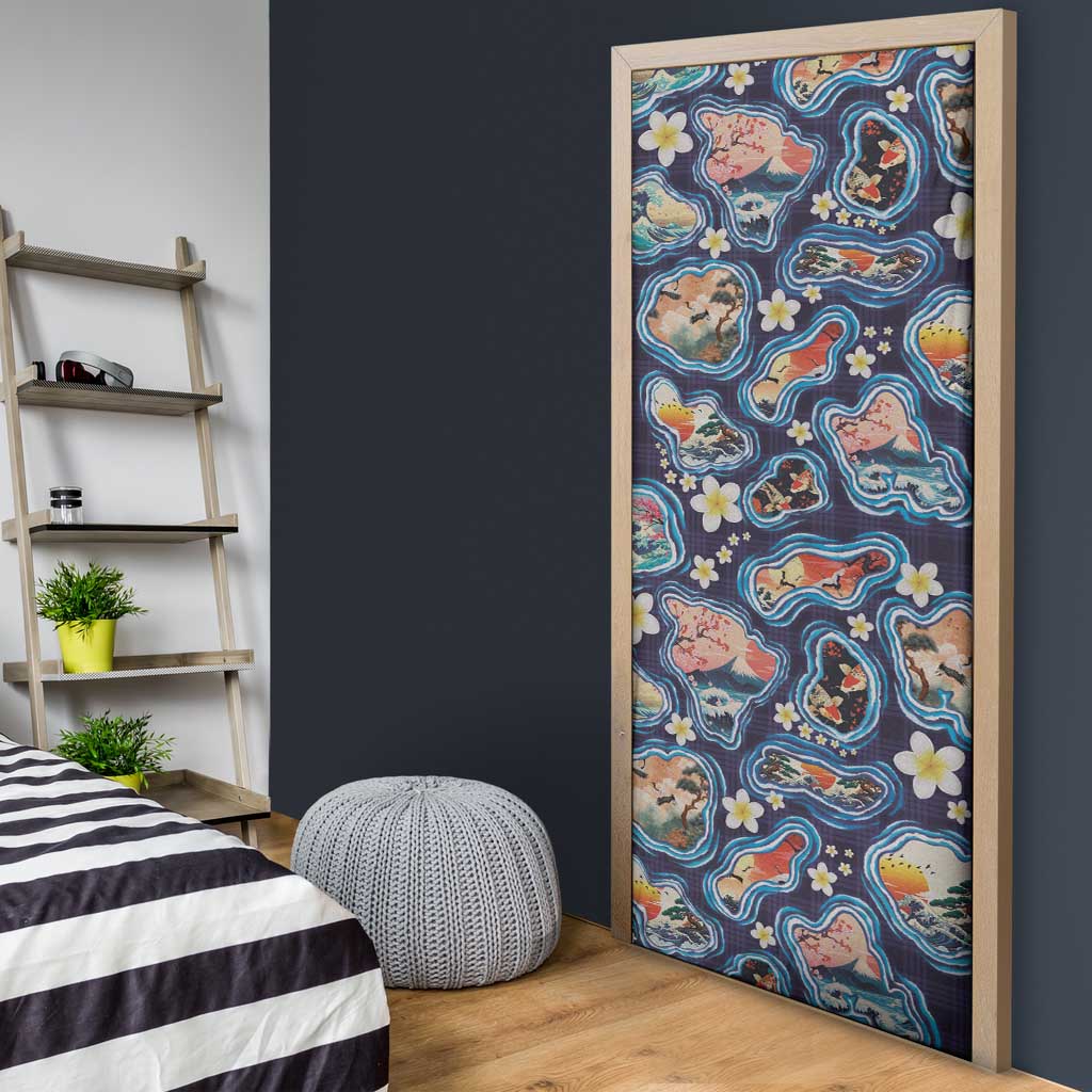 Hawaii Islands Map Design with Japanese Landscape Door Cover Hawaiian Japan Fusion Art Navy Color