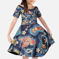 Hawaii Islands Map Design with Japanese Landscape Family Matching Long Sleeve Bodycon Dress and Hawaiian Shirt Hawaiian Japan Fusion Art Navy Color