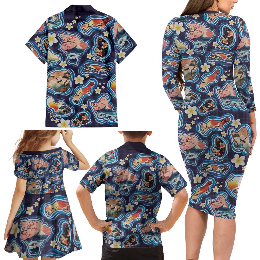 Hawaii Islands Map Design with Japanese Landscape Family Matching Long Sleeve Bodycon Dress and Hawaiian Shirt Hawaiian Japan Fusion Art Navy Color