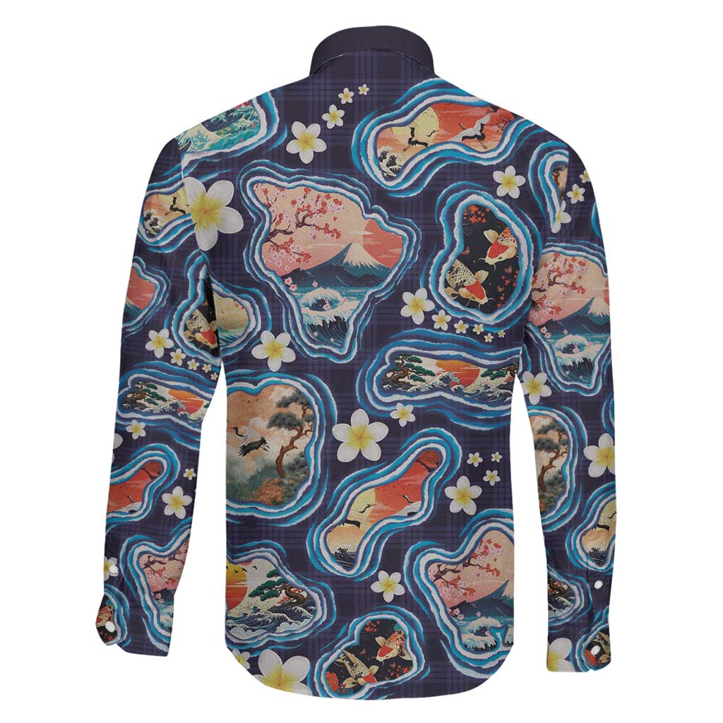 Hawaii Islands Map Design with Japanese Landscape Family Matching Long Sleeve Bodycon Dress and Hawaiian Shirt Hawaiian Japan Fusion Art Navy Color
