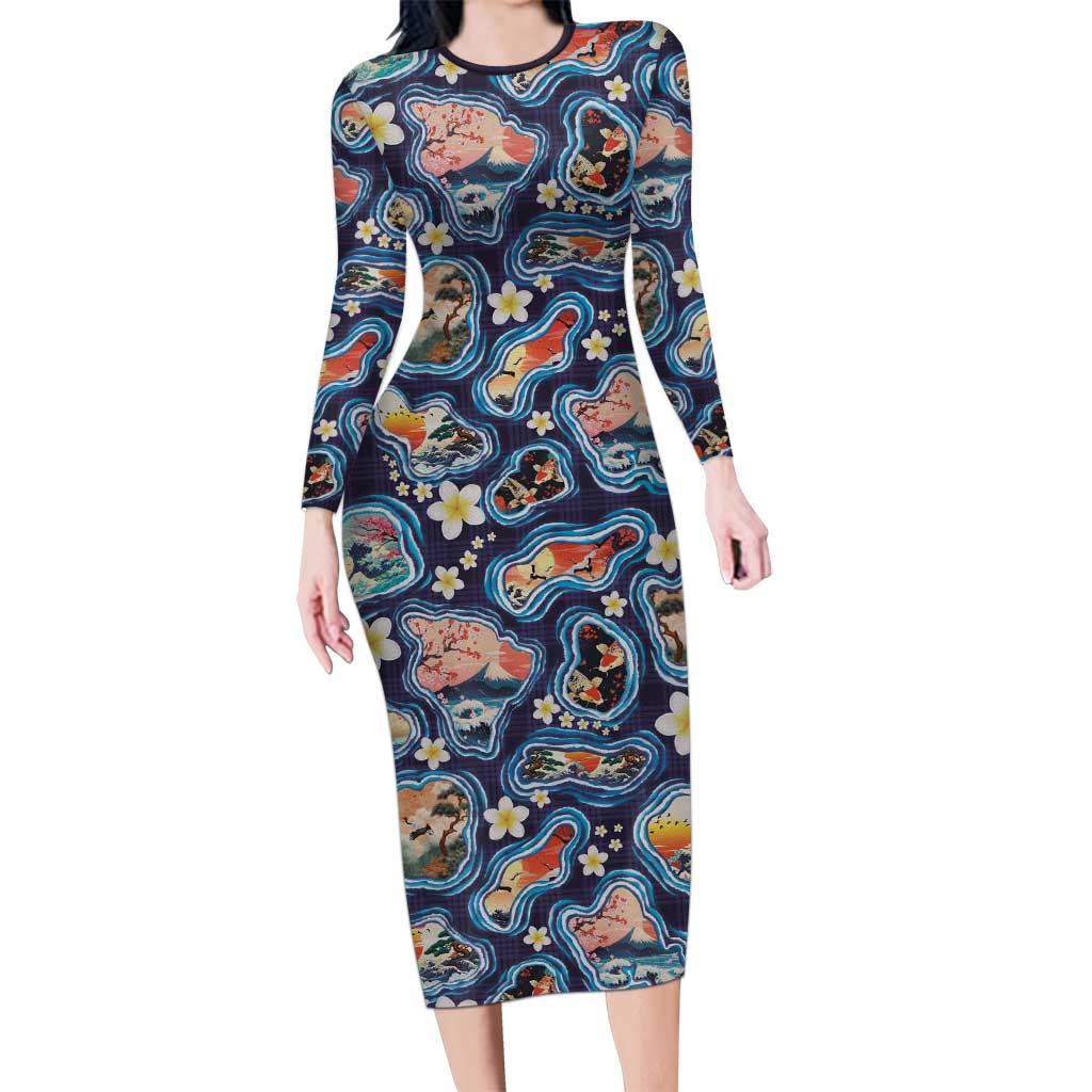 Hawaii Islands Map Design with Japanese Landscape Family Matching Long Sleeve Bodycon Dress and Hawaiian Shirt Hawaiian Japan Fusion Art Navy Color