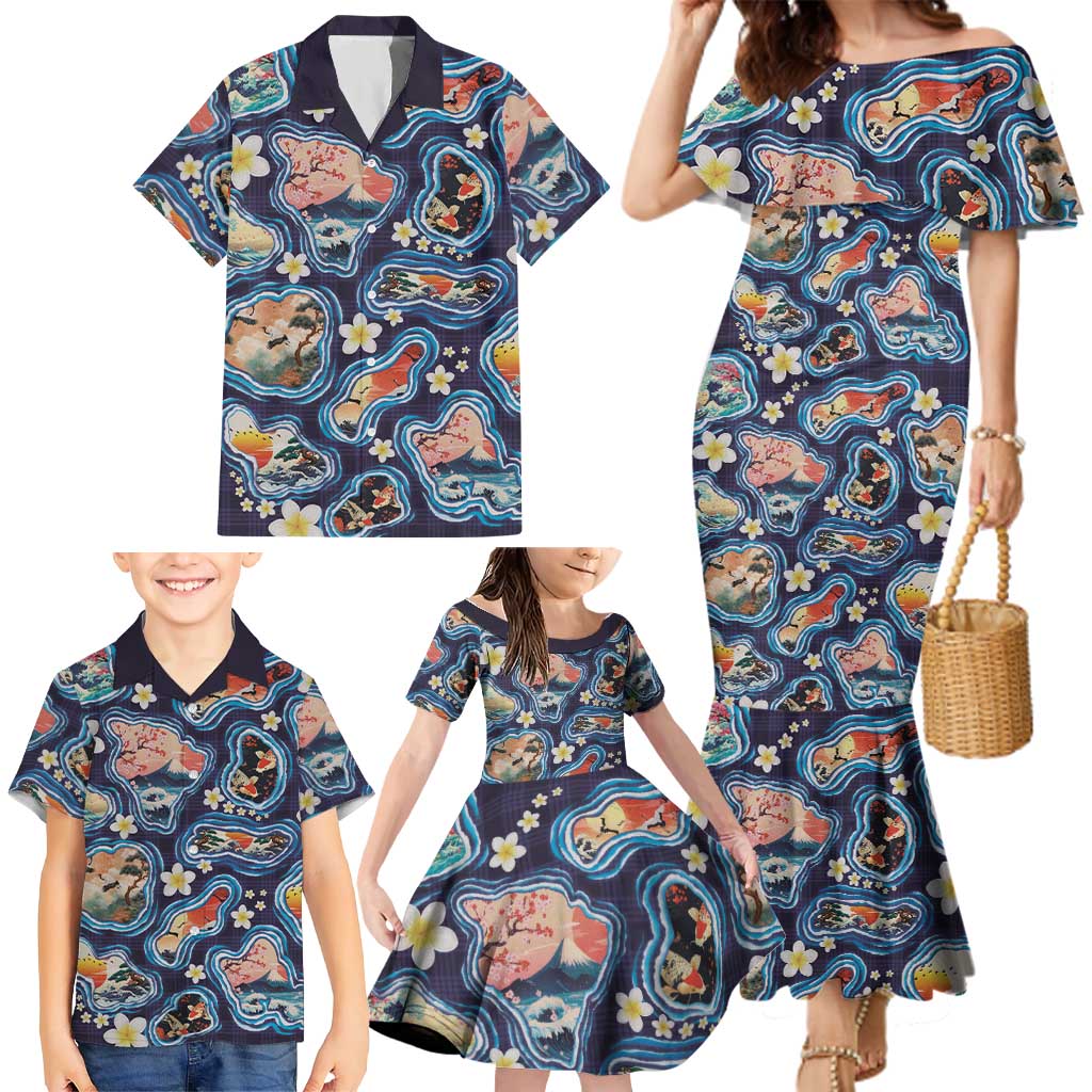 Hawaii Islands Map Design with Japanese Landscape Family Matching Mermaid Dress and Hawaiian Shirt Hawaiian Japan Fusion Art Navy Color