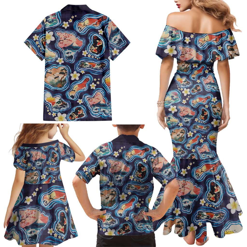 Hawaii Islands Map Design with Japanese Landscape Family Matching Mermaid Dress and Hawaiian Shirt Hawaiian Japan Fusion Art Navy Color