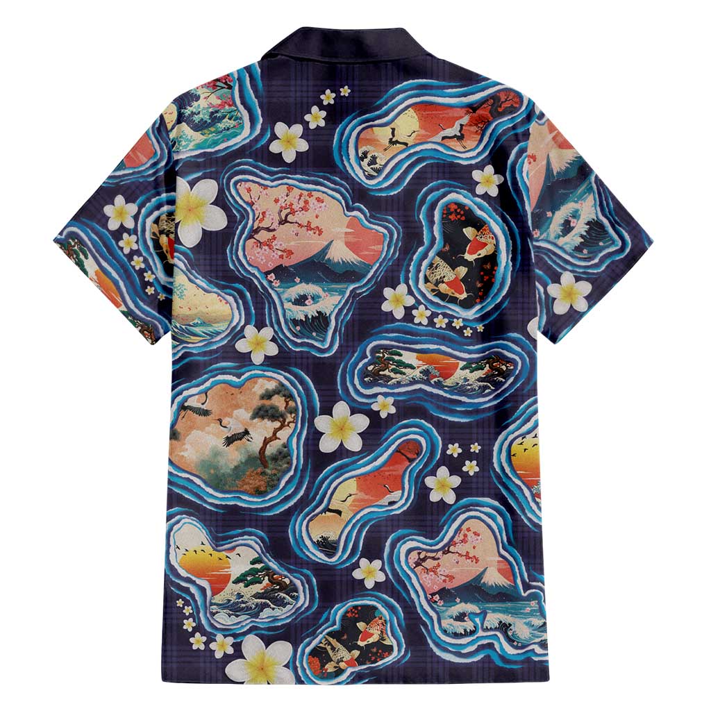 Hawaii Islands Map Design with Japanese Landscape Family Matching Mermaid Dress and Hawaiian Shirt Hawaiian Japan Fusion Art Navy Color