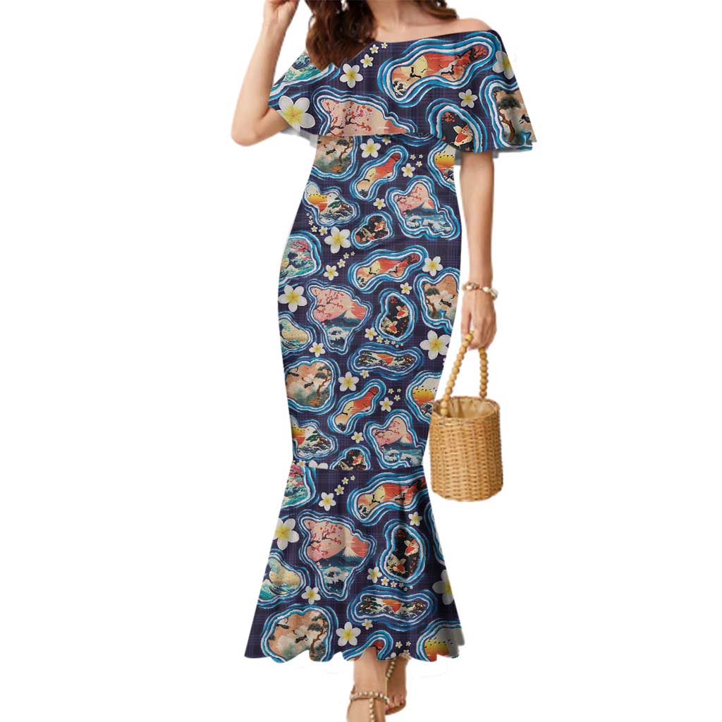 Hawaii Islands Map Design with Japanese Landscape Family Matching Mermaid Dress and Hawaiian Shirt Hawaiian Japan Fusion Art Navy Color
