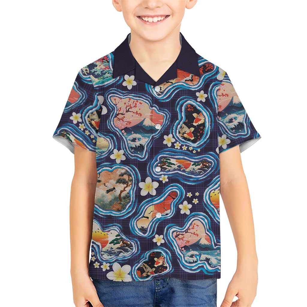 Hawaii Islands Map Design with Japanese Landscape Family Matching Mermaid Dress and Hawaiian Shirt Hawaiian Japan Fusion Art Navy Color