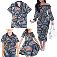Hawaii Islands Map Design with Japanese Landscape Family Matching Off The Shoulder Long Sleeve Dress and Hawaiian Shirt Hawaiian Japan Fusion Art Navy Color