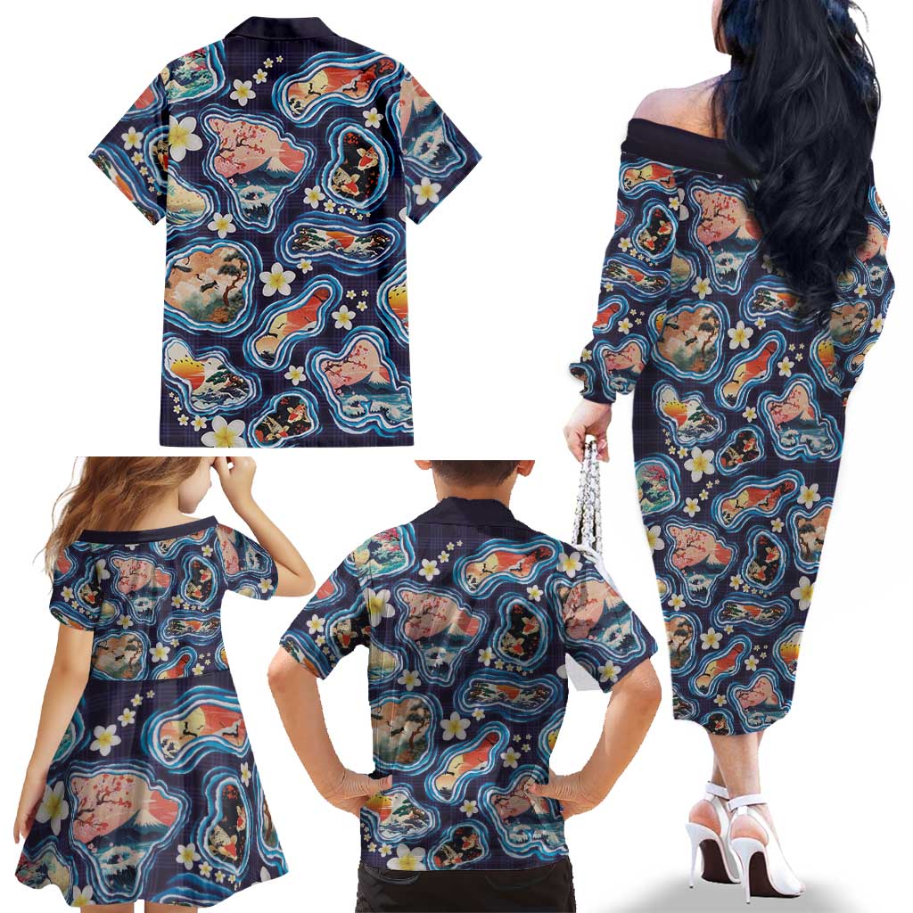 Hawaii Islands Map Design with Japanese Landscape Family Matching Off The Shoulder Long Sleeve Dress and Hawaiian Shirt Hawaiian Japan Fusion Art Navy Color