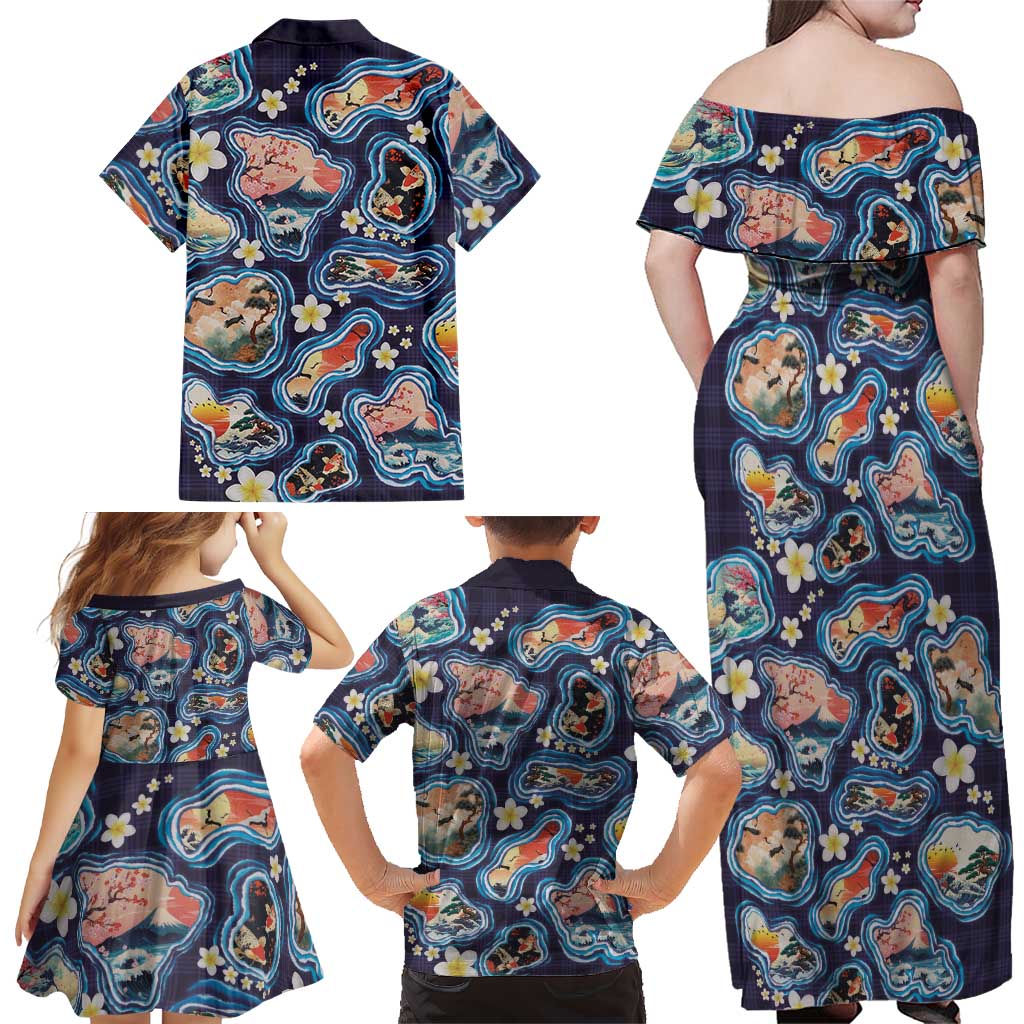Hawaii Islands Map Design with Japanese Landscape Family Matching Off Shoulder Maxi Dress and Hawaiian Shirt Hawaiian Japan Fusion Art Navy Color