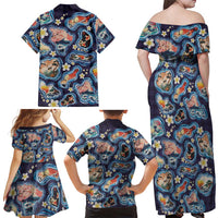 Hawaii Islands Map Design with Japanese Landscape Family Matching Off Shoulder Maxi Dress and Hawaiian Shirt Hawaiian Japan Fusion Art Navy Color