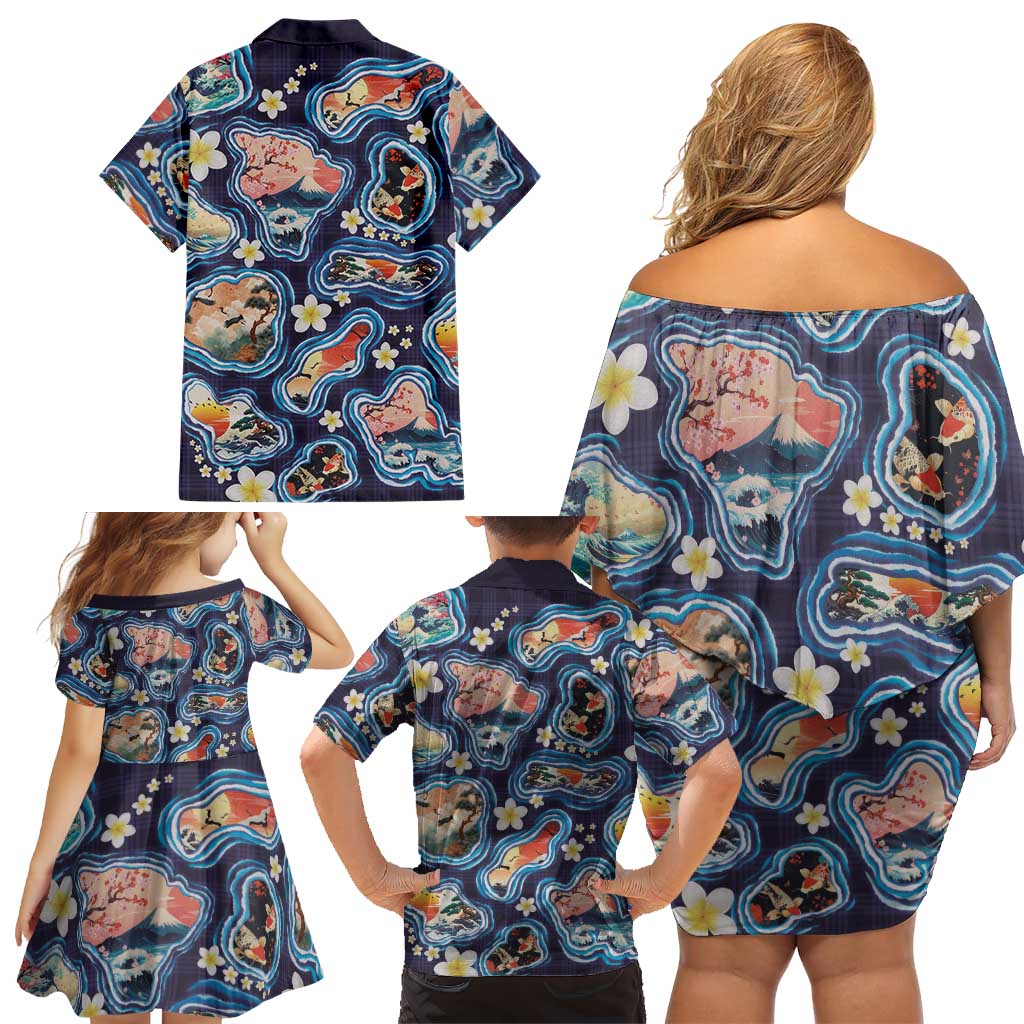 Hawaii Islands Map Design with Japanese Landscape Family Matching Off Shoulder Short Dress and Hawaiian Shirt Hawaiian Japan Fusion Art Navy Color