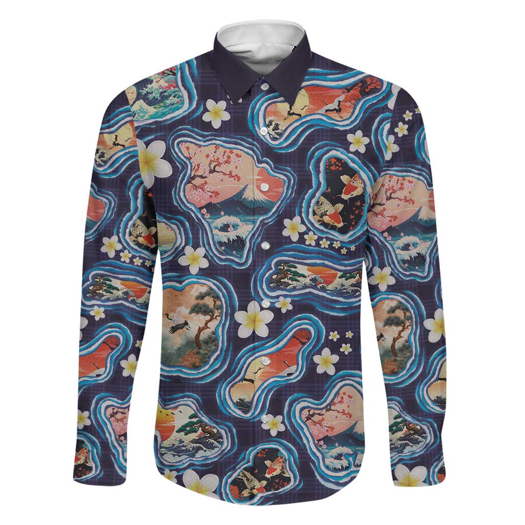 Hawaii Islands Map Design with Japanese Landscape Family Matching Off Shoulder Short Dress and Hawaiian Shirt Hawaiian Japan Fusion Art Navy Color