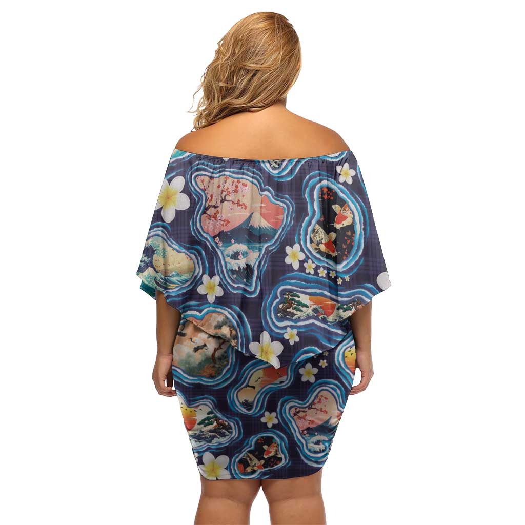 Hawaii Islands Map Design with Japanese Landscape Family Matching Off Shoulder Short Dress and Hawaiian Shirt Hawaiian Japan Fusion Art Navy Color