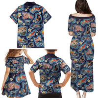 Hawaii Islands Map Design with Japanese Landscape Family Matching Puletasi and Hawaiian Shirt Hawaiian Japan Fusion Art Navy Color