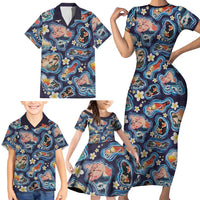 Hawaii Islands Map Design with Japanese Landscape Family Matching Short Sleeve Bodycon Dress and Hawaiian Shirt Hawaiian Japan Fusion Art Navy Color
