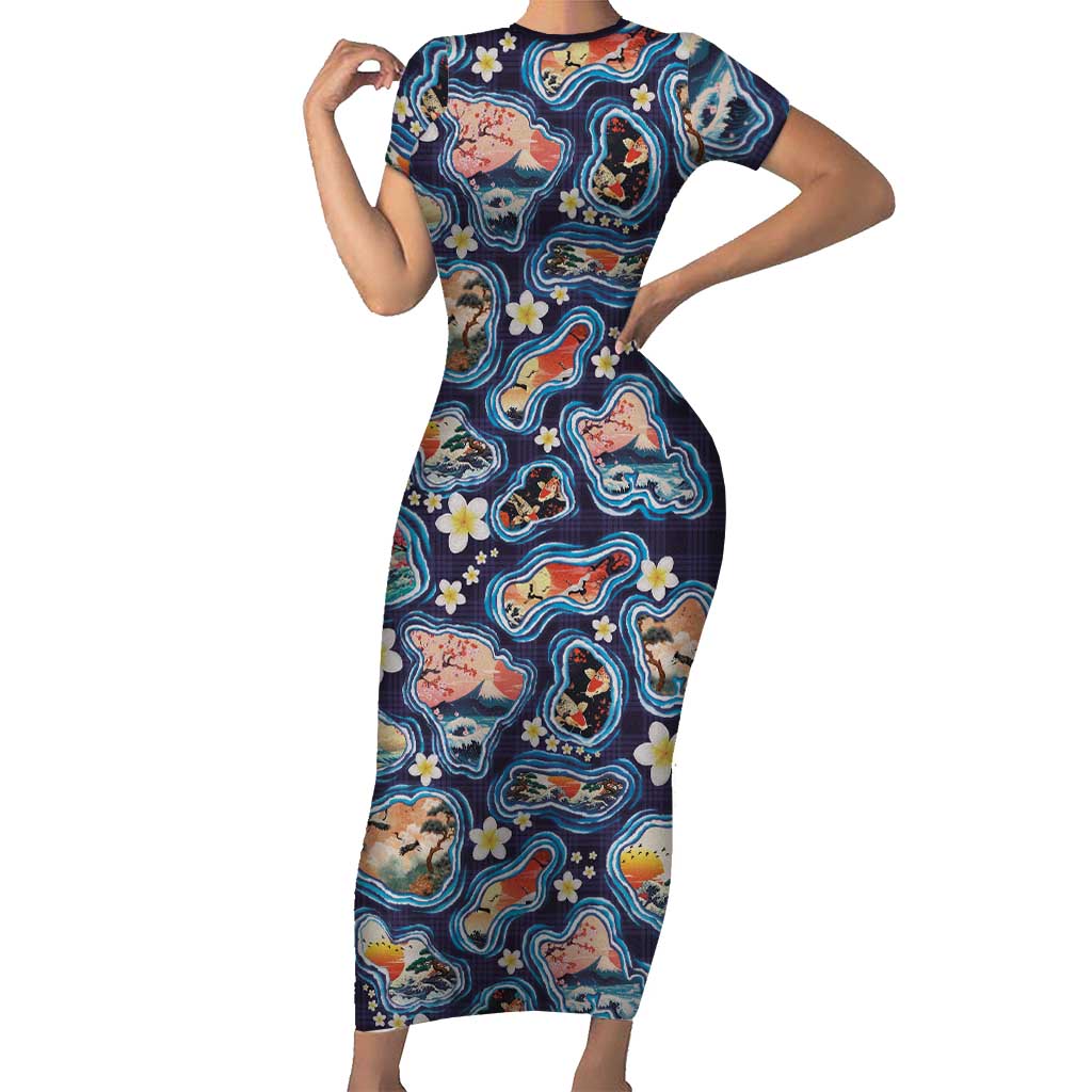 Hawaii Islands Map Design with Japanese Landscape Family Matching Short Sleeve Bodycon Dress and Hawaiian Shirt Hawaiian Japan Fusion Art Navy Color