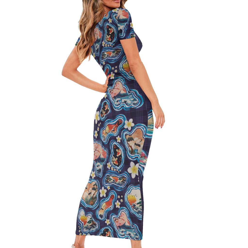 Hawaii Islands Map Design with Japanese Landscape Family Matching Short Sleeve Bodycon Dress and Hawaiian Shirt Hawaiian Japan Fusion Art Navy Color