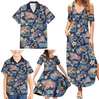 Hawaii Islands Map Design with Japanese Landscape Family Matching Summer Maxi Dress and Hawaiian Shirt Hawaiian Japan Fusion Art Navy Color