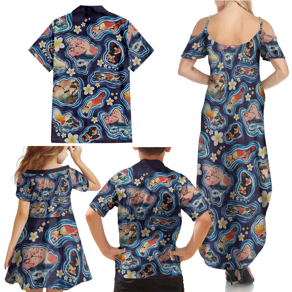 Hawaii Islands Map Design with Japanese Landscape Family Matching Summer Maxi Dress and Hawaiian Shirt Hawaiian Japan Fusion Art Navy Color
