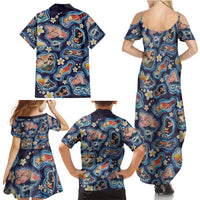 Hawaii Islands Map Design with Japanese Landscape Family Matching Summer Maxi Dress and Hawaiian Shirt Hawaiian Japan Fusion Art Navy Color