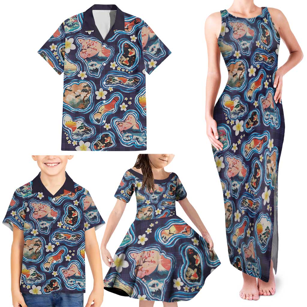 Hawaii Islands Map Design with Japanese Landscape Family Matching Tank Maxi Dress and Hawaiian Shirt Hawaiian Japan Fusion Art Navy Color