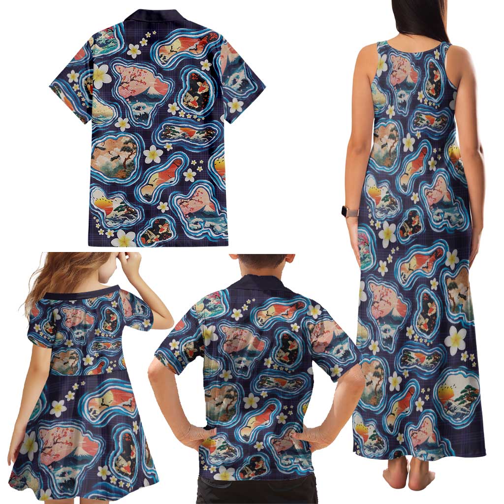 Hawaii Islands Map Design with Japanese Landscape Family Matching Tank Maxi Dress and Hawaiian Shirt Hawaiian Japan Fusion Art Navy Color