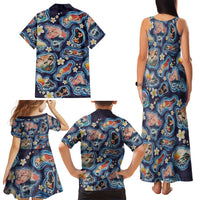 Hawaii Islands Map Design with Japanese Landscape Family Matching Tank Maxi Dress and Hawaiian Shirt Hawaiian Japan Fusion Art Navy Color