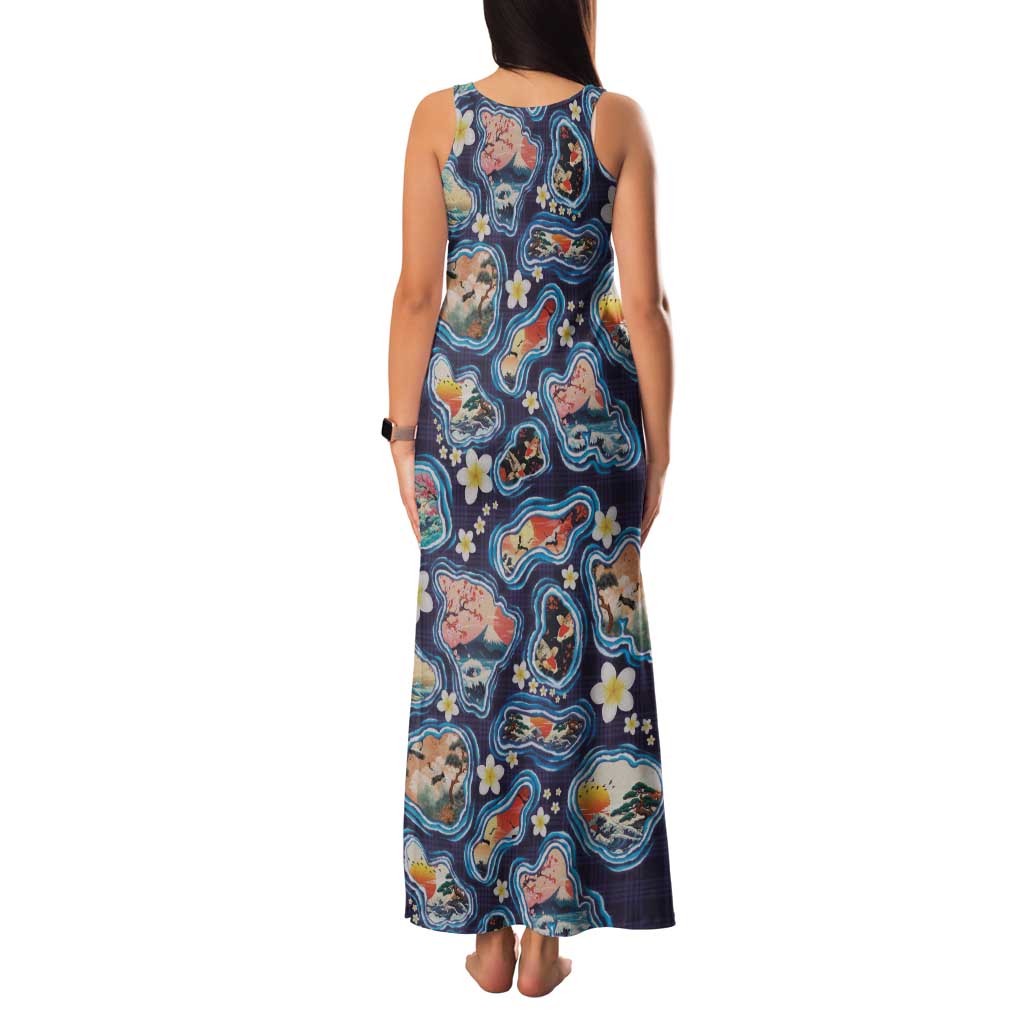 Hawaii Islands Map Design with Japanese Landscape Family Matching Tank Maxi Dress and Hawaiian Shirt Hawaiian Japan Fusion Art Navy Color