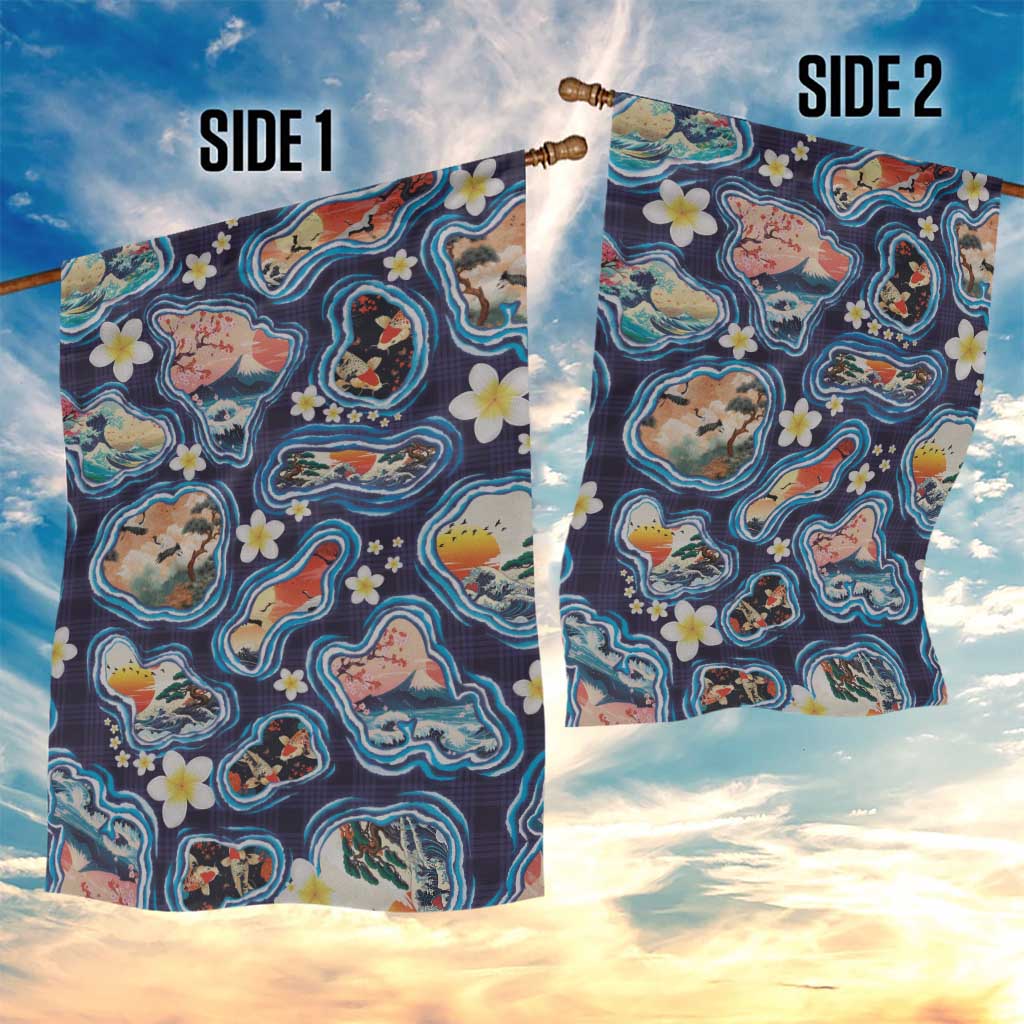 Hawaii Islands Map Design with Japanese Landscape Garden Flag Hawaiian Japan Fusion Art Navy Color