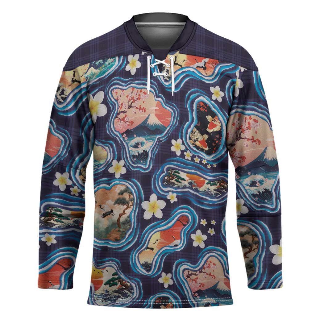 Hawaii Islands Map Design with Japanese Landscape Hockey Jersey Hawaiian Japan Fusion Art Navy Color
