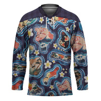 Hawaii Islands Map Design with Japanese Landscape Hockey Jersey Hawaiian Japan Fusion Art Navy Color