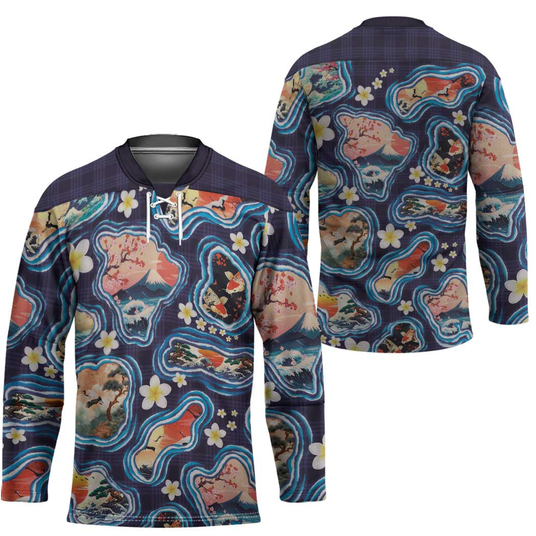 Hawaii Islands Map Design with Japanese Landscape Hockey Jersey Hawaiian Japan Fusion Art Navy Color