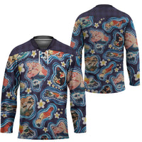Hawaii Islands Map Design with Japanese Landscape Hockey Jersey Hawaiian Japan Fusion Art Navy Color