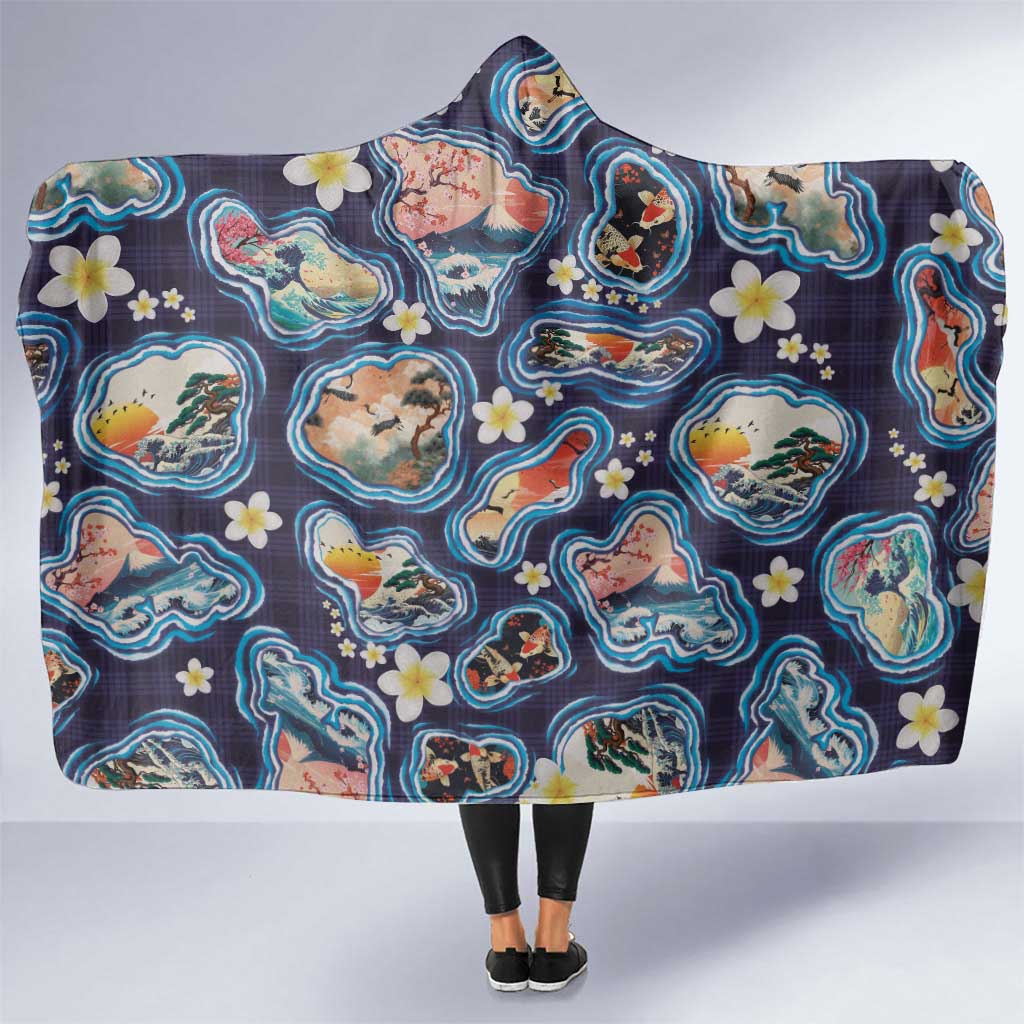 Hawaii Islands Map Design with Japanese Landscape Hooded Blanket Hawaiian Japan Fusion Art Navy Color