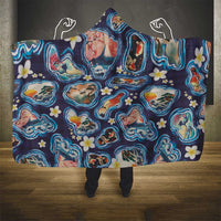 Hawaii Islands Map Design with Japanese Landscape Hooded Blanket Hawaiian Japan Fusion Art Navy Color