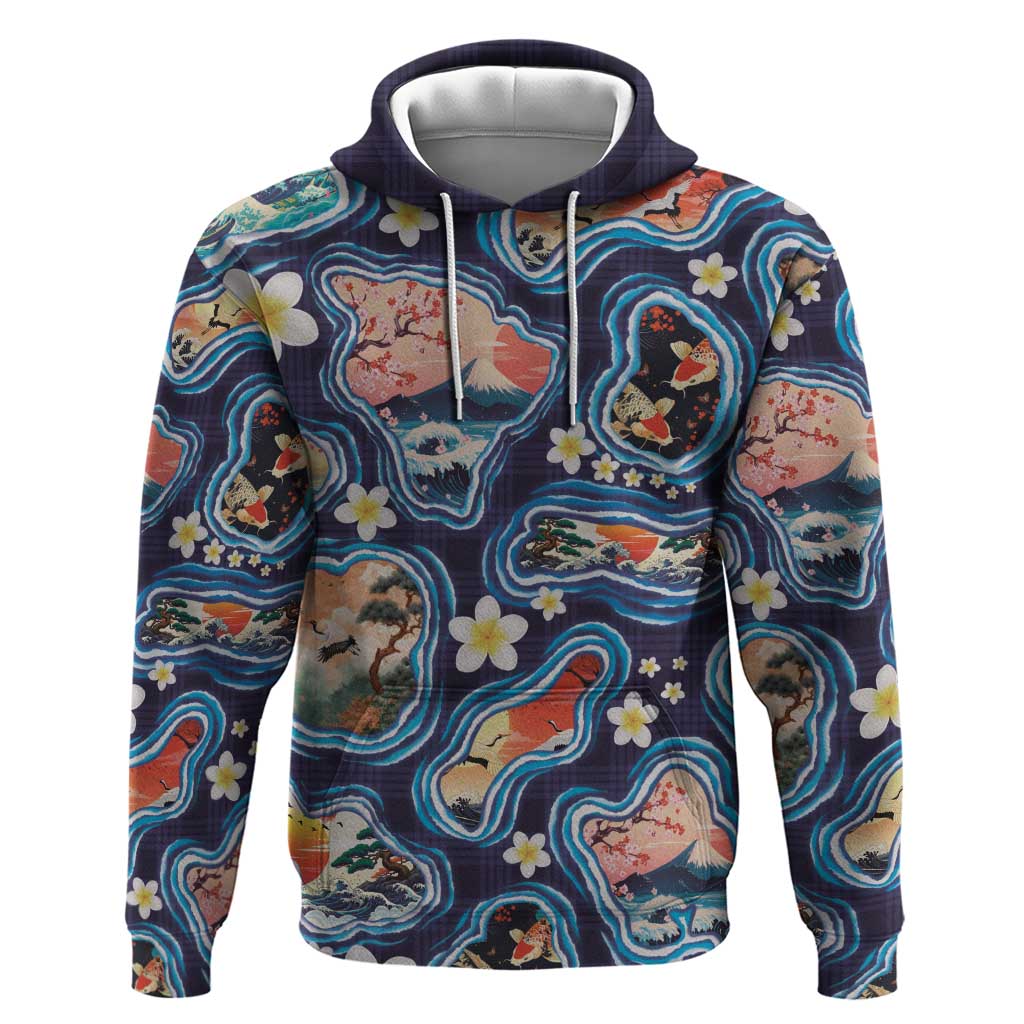 Hawaii Islands Map Design with Japanese Landscape Hoodie Hawaiian Japan Fusion Art Navy Color