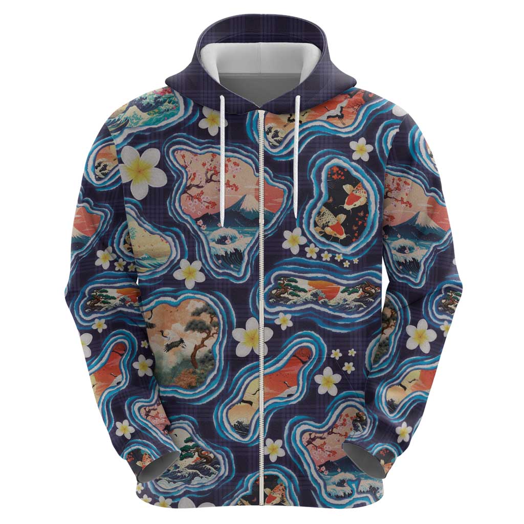 Hawaii Islands Map Design with Japanese Landscape Hoodie Hawaiian Japan Fusion Art Navy Color