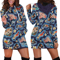 Hawaii Islands Map Design with Japanese Landscape Hoodie Dress Hawaiian Japan Fusion Art Navy Color
