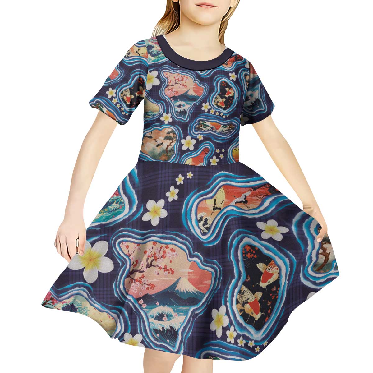 Hawaii Islands Map Design with Japanese Landscape Kid Short Sleeve Dress Hawaiian Japan Fusion Art Navy Color