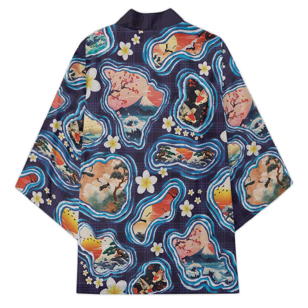 Hawaii Islands Map Design with Japanese Landscape Kimono Hawaiian Japan Fusion Art Navy Color