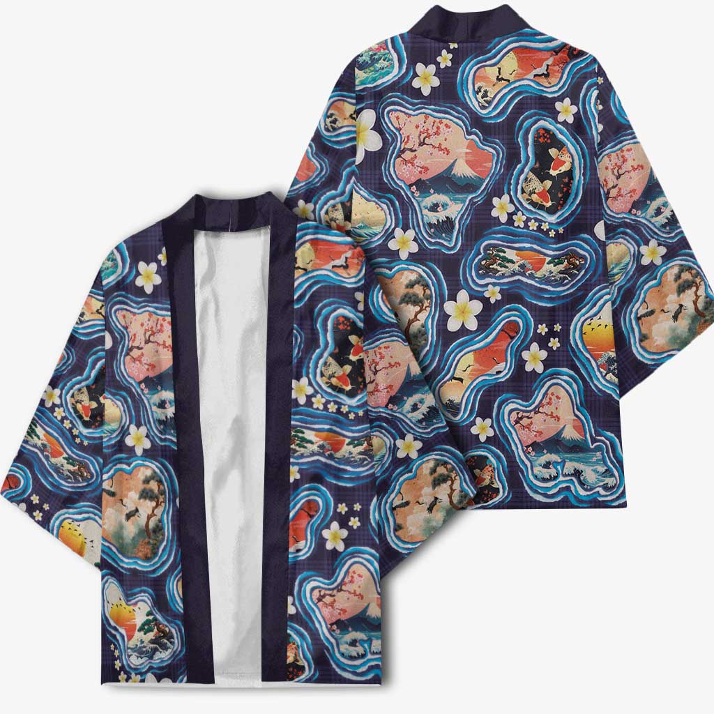 Hawaii Islands Map Design with Japanese Landscape Kimono Hawaiian Japan Fusion Art Navy Color