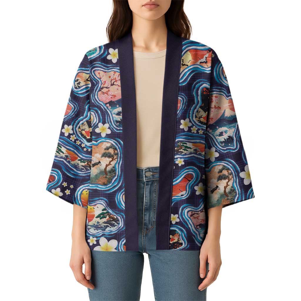 Hawaii Islands Map Design with Japanese Landscape Kimono Hawaiian Japan Fusion Art Navy Color