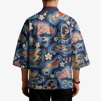 Hawaii Islands Map Design with Japanese Landscape Kimono Hawaiian Japan Fusion Art Navy Color
