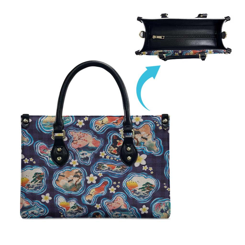 Hawaii Islands Map Design with Japanese Landscape Leather Bag Hawaiian Japan Fusion Art Navy Color