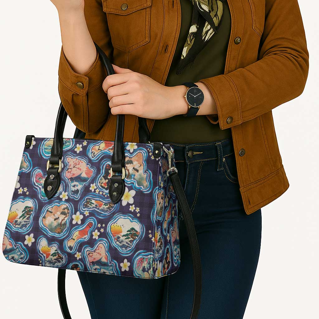Hawaii Islands Map Design with Japanese Landscape Leather Bag Hawaiian Japan Fusion Art Navy Color